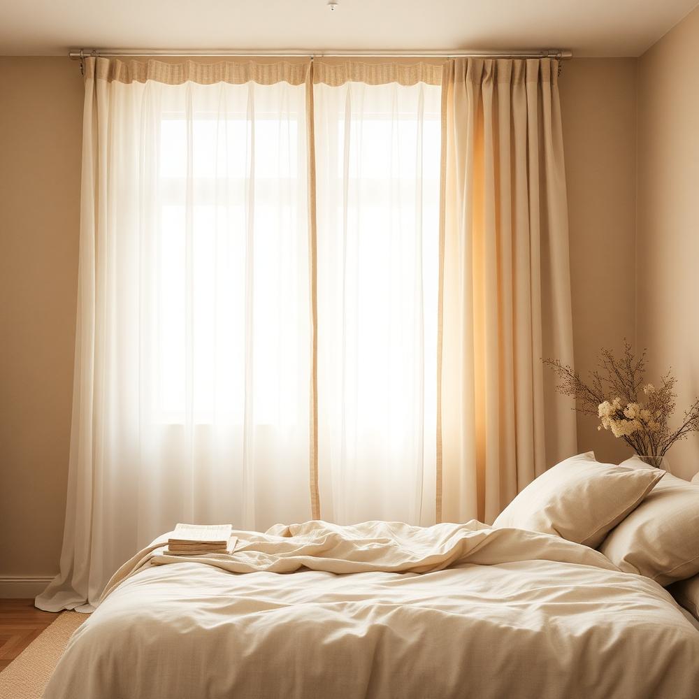 Softly lit bedroom with sheer curtains and neutral textures