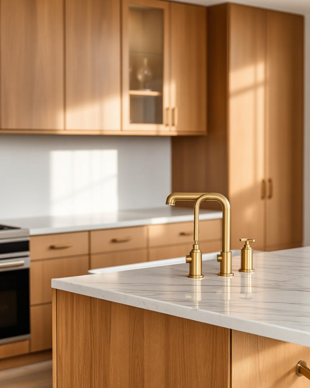 Kitchen island with brushed brass fixtures and a marble countertop